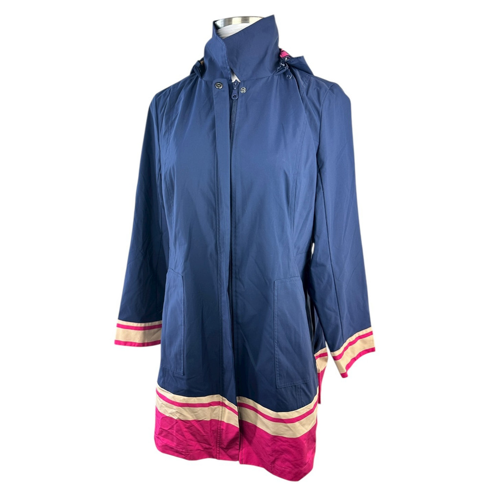 Chico's Hooded Rain Jacket Pleated Back Striped Hem Full Zip Navy Sz 2 US 12/14 - Picture 14 of 15